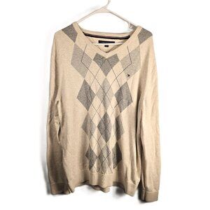 Tommy Hilfiger Mens Argyle Sweater XXL Cream Gray Long Sleeve V-Neck 100% Cotton